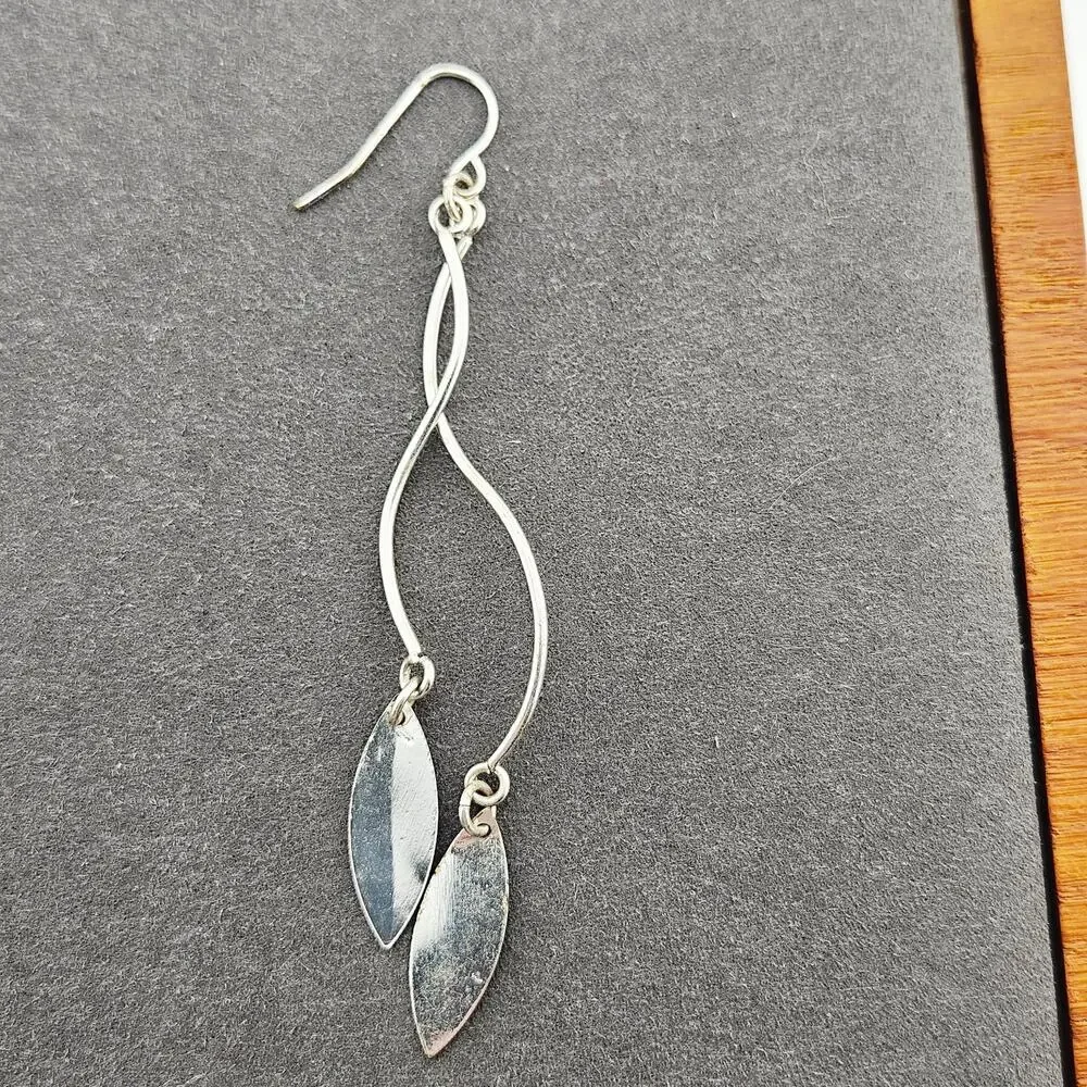 Silver Tone Elongated Metal Swirl Teardrop Charm Earrings Whimsical Dainty Glam